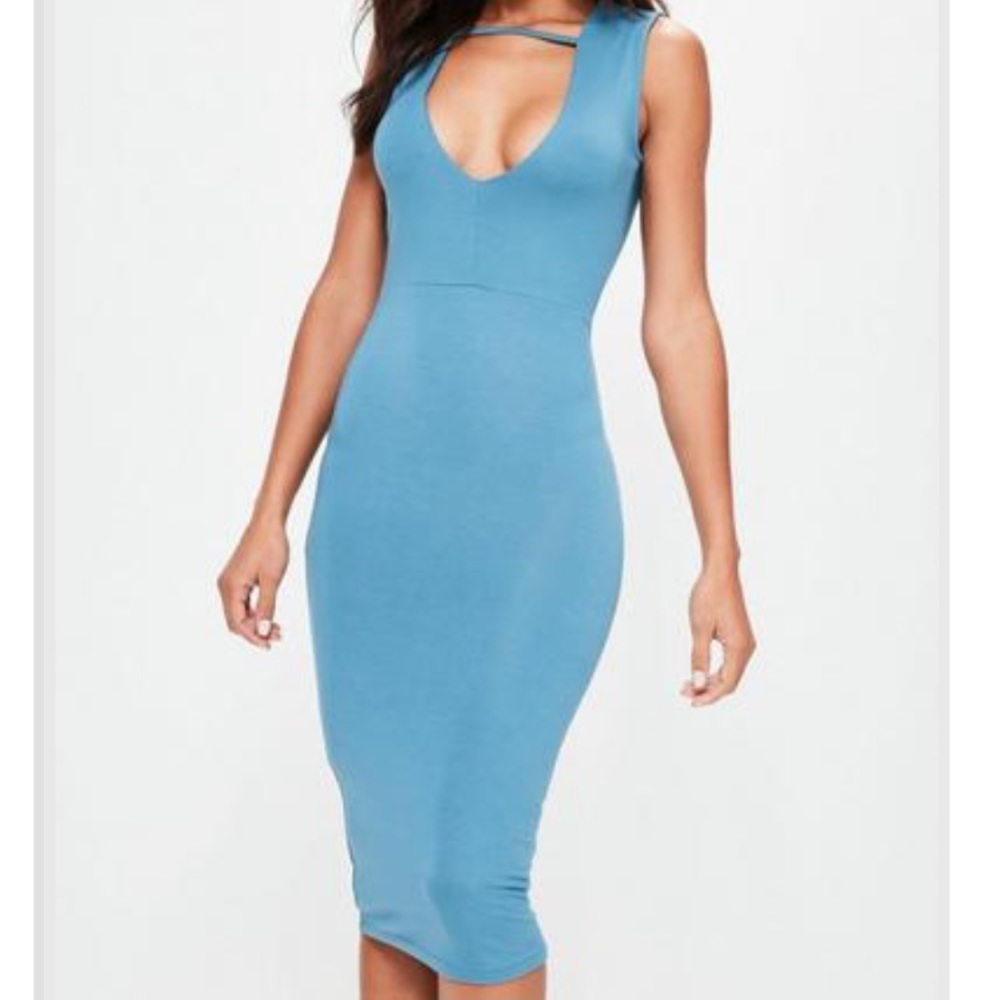 Missguided deep v neck midi dress in blue